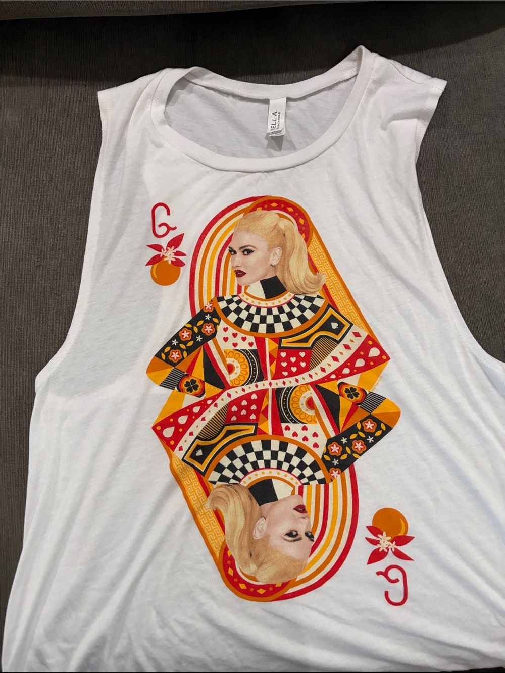 Bella canvas Gwen Stefani  White Tank with Retro Playing Card Queen Graphic